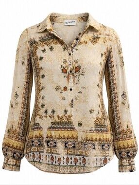 NWOT The Nu Vintage Women's Cream Boho Print Button-Up Shirt Sz XL
